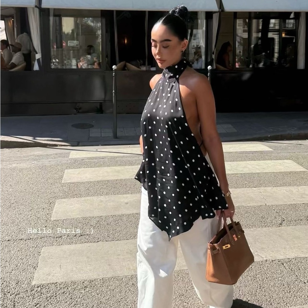 Zara Black Polka Dot Halter Camisole with White Dots